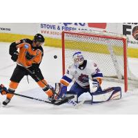 Lehigh Valley Phantoms center Cal O'Reilly shoots against the Bridgeport Sound Tigers