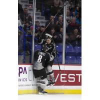 Tanner Brown and Tristen Nielsen after a Brown's goal against the Vancouver Giants