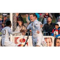 Louisville City FC midfielder Magnus Rasmussen celebrates his game-winning goal against Indy Eleven