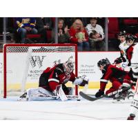 Vancouver Giants goaltender Trent Miner tracks the puck against the Portland Winterhawks