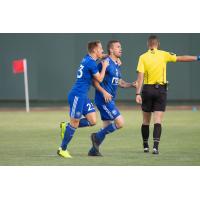 Reno 1868 FC midfielder Sam Gleadle congratulates Corey Hertzog