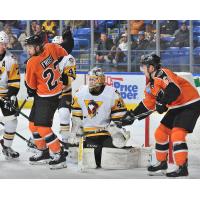 Lehigh Valley Phantoms set up around the Wilkes-Barre/Scranton Penguins goal