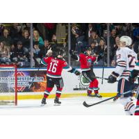 Kelowna Rockets celebrate a goal against the Kamloops Blazers