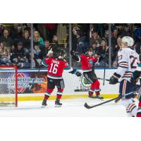 Kelowna Rockets celebrate a goal against the Kamloops Blazers