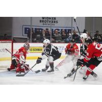Vancouver Giants defenceman Bowen Byram takes a shot against the Portland Winterhawks