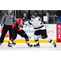 Defenseman Robbie Hall (right) with the Wheeling Nailers punches a member of the Cincinnati Cyclones