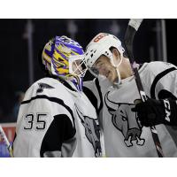 #35 Ville Husso and #13 Alexey Toropchenko of the San Antonio Rampage