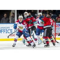Kelowna Rockets goaltender Roman Basran and his defence fight off the Edmonton Oil Kings