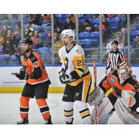 Lehigh Valley Phantoms defenseman T.J. Brennan (left) vs. Jamie Devane of the the Wilkes-Barre/Scranton Penguins