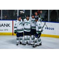 Florida Everblades huddle up after a goal