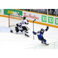 Saint John Sea Dogs right wing Maxim Cajkovic celebrates his game-winning goal against the Blainville-Boisbriand Armada