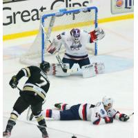 Brandon Hawkins of the Wheeling Nailers scores against the Kalamazoo Wings
