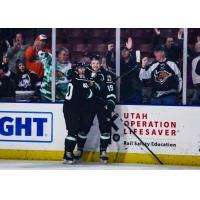 Yuri Terao and Travis Barron of the Utah Grizzlies after Barron's goal