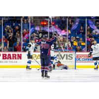 Josh Wesley of the Tulsa Oilers reacts after his goal against the Wichita Thunder