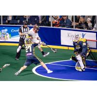 Georgia Swarm defender Adam Wiedemann and goaltender Mike Poulin vs. the Philadelphia Wings