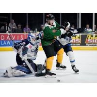 Mike Vecchione of the San Antonio Rampage battles in front of Manitoba goaltender Mikhail Berdin