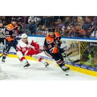 Grand Rapids Griffins defenseman Alec McCrea vs. Bakersfield Condors right wing Josh Currie (right)