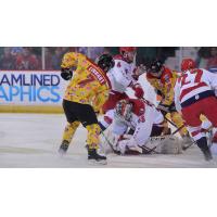 Allen Americans goaltender Jake Paterson hops on a puck vs. the Adirondack Thunder