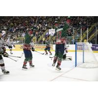 Michael Huntebrinker of the Florida Everblades (right) leaps into the air following a score against the Kansas City Mavericks