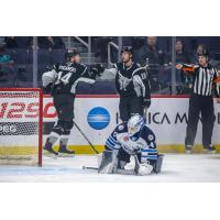 #18 Nolan Stevens and #14 Austin Poganski of the San Antonio Rampage celebrate Stevens' first shorthanded goal