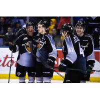 Centre Justin Sourdif (left) and the Vancouver Giants celebrate a goal