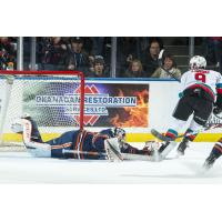 Mark Liwiski of the Kelowna Rockets shoots against the Kamloops Blazers