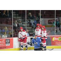 Allen Americans huddle up after a goal against the Idaho Steelheads