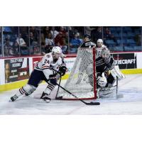 Vancouver Giants goaltender David Tendeck keeps an eye on the Kamloops Blazers attack