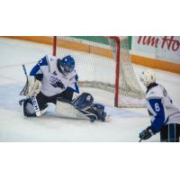 Saint John Sea Dogs goaltender Zachary Bouthillier makes a stop against the Baie-Comeau Drakkar