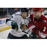 Allen Americans defenseman Stepan Falkovsky (right) vs. the Utah Grizzlies' Josh Dickinson