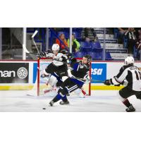 Vancouver Giants centre Tristen Nielsen delivers a blow against the Victoria Royals