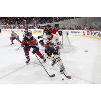 Kelowna Rockets defenceman Devin Steffler (left) vs. the Portland Winterhawks