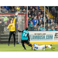 St. Louis Ambush defender Douglas Dos Santos takes a shot vs. Utica City FC