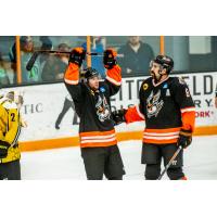Danbury Hat celebrate a goal against the Battle Creek Rumble Bees