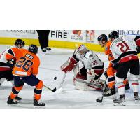 Adirondack Thunder goaltender Sean Romeo turns away the Worcester Railers