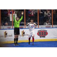Kansas City Comets midfielder Ignacio Flores reacts after a goal against the Rochester Lancers