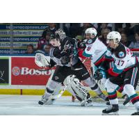Kelowna Rockets defend against the Vancouver Giants