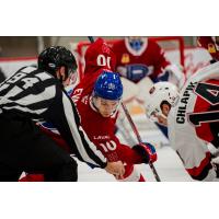 Filip Chlapik of the Belleville Senators (right) faces off with the Laval Rocket