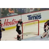 Vancouver Giants defenceman Bowen Byram reacts after a goal against the Kamloops Blazers