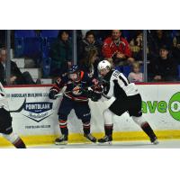 Vancouver Giants centre Eric Florchuk (right) battles the Kamloops Blazers