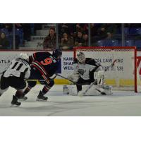 Vancouver Giants goaltender David Tendeck deflects a Kamloops Blazers' shot