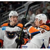 Lehigh Valley Phantoms right wing Chris Stewart (right) describes his goal