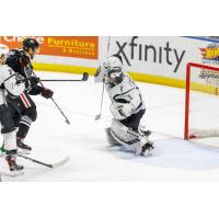 San Antonio Rampage goaltender Adam Wilcox stops the Rockford IceHogs' Alexandre Fortin