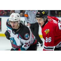 Kelowna Rockets left wing Dillon Hamaliuk (left) vs. the Portland Winterhawks