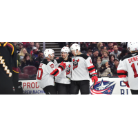 Binghamton Devils celebrate a goal against the Cleveland Monsters