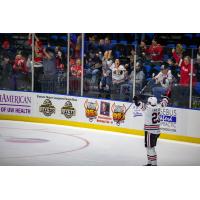 Rockford IceHogs defenseman Lucas Carlsson reacts after a goal