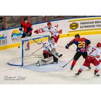 Allen Americans goaltender Andrew Shortridge makes a save