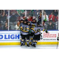Utah Grizzlies celebrate a win in their Batman jerseys