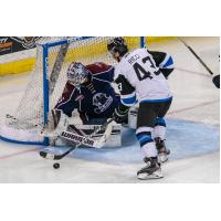 Tulsa Oilers goaltender Devin Williams makes a save against the Wichita Thunder