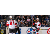 Binghamton Devils right wing Marian Studenic (right) and defenseman Julian Melchiori vs. the Toronto Marlies